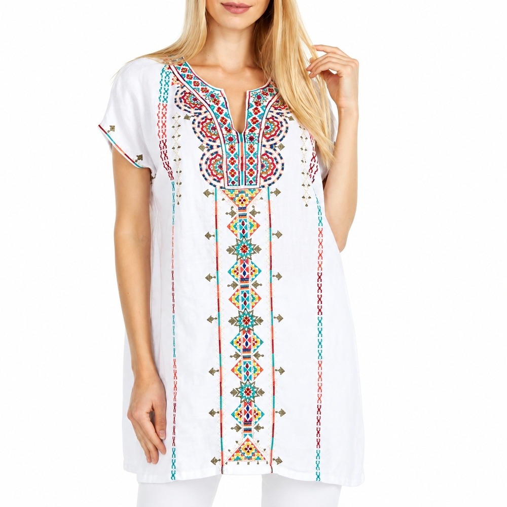 Johnny Was White Verena Linen Easy Yoke Tunic Embroidered Sleeveless Size XS